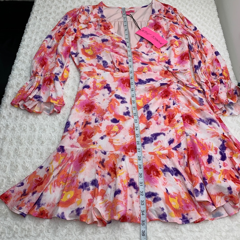 Betsey Johnson Pink Yarrow Faux Wrap Flounce Hem Dress Sz 12 - Picture 13 of 13